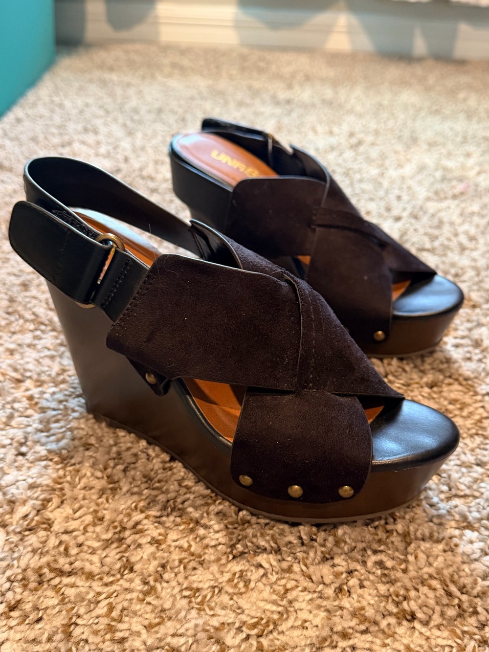 Dark brown and Black Suede Crossband Wedge Sandals with Bronze Studs - Picture 5 of 5